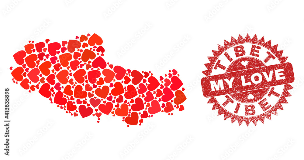 Vector mosaic Tibet map of love heart items and grunge My Love badge. Mosaic geographic Tibet map constructed with love hearts. Red rosette watermark with scratched rubber texture and my love word. Vector mosaic Tibet map of love heart items and grunge My Love badge. Mosaic geographic Tibet map constructed with love hearts. Red rosette watermark with scratched rubber texture and my love word.