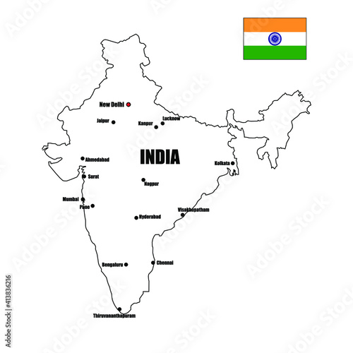 India country blank outline vector map with major cities on isolated white background and pin for travel, Asia, and geography concepts.