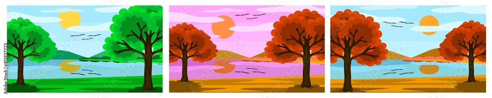 Set of three vector images. It is a picture of a lake with trees and mountains in the sky. It is a cartoon style with beautiful colors. Can be used as a decoration or background image.