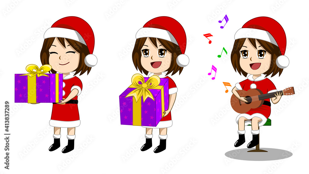 Set of vector images of girls wearing Santa Claus costume giving gifts. And play guitar It's a simple cartoon. It's flat design. Set of vector images of girls wearing Santa Claus costume giving gifts. And play guitar It's a simple cartoon. It's flat design.