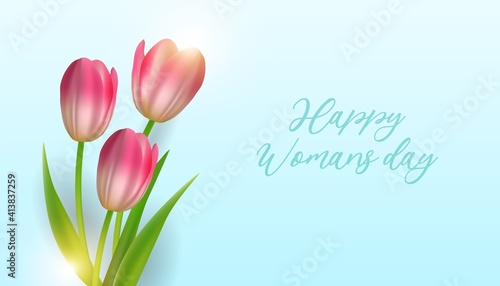 Women's day, 8 march greeting card with tulip flowers. With typography greeting message. Vector illustration.