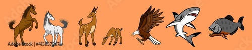 Set of vector illustrations of various animals consisting of horses  deer  shark  piranha  eagle on an orange background. It s a simple picture. It s flat design.
