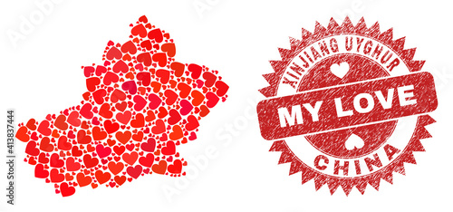 Vector collage Xinjiang Uyghur Region map of love heart items and grunge My Love badge. Mosaic geographic Xinjiang Uyghur Region map created using love hearts.