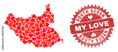 Vector mosaic South Sudan map of love heart elements and grunge My Love seal stamp. Collage geographic South Sudan map created using love hearts.