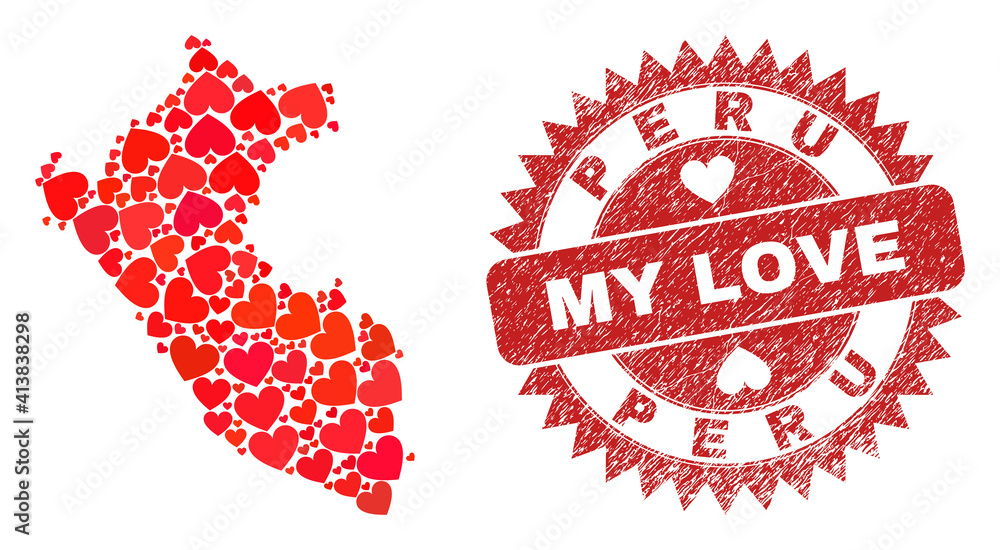 Vector mosaic Peru map of valentine heart items and grunge My Love badge. Mosaic geographic Peru map constructed with valentine hearts. Vector mosaic Peru map of valentine heart items and grunge My Love badge. Mosaic geographic Peru map constructed with valentine hearts.