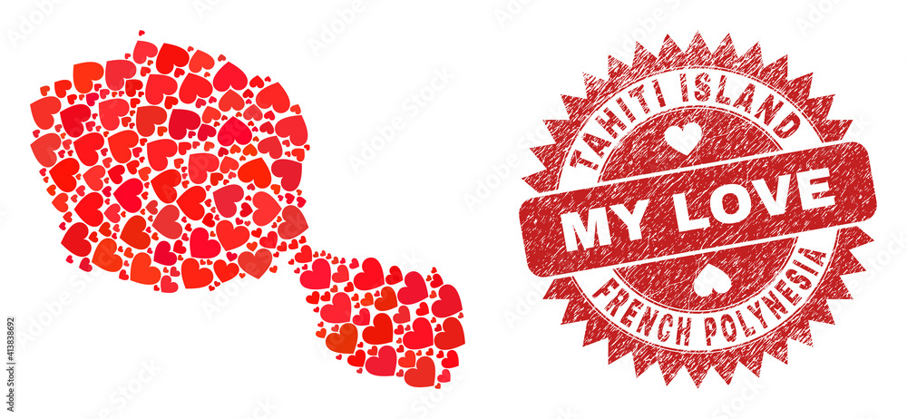 Vector collage Tahiti Island map of lovely heart elements and grunge My Love badge. Collage geographic Tahiti Island map designed with lovely hearts. Vector collage Tahiti Island map of lovely heart elements and grunge My Love badge. Collage geographic Tahiti Island map designed with lovely hearts.