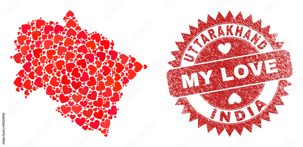 Vector mosaic Uttarakhand State map of valentine heart items and grunge My Love seal. Mosaic geographic Uttarakhand State map designed with valentine hearts. Vector mosaic Uttarakhand State map of valentine heart items and grunge My Love seal. Mosaic geographic Uttarakhand State map designed with valentine hearts.