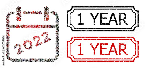 Collage 2022 calendar organized from coronavirus elements, and grunge 1 Year rectangle stamps with notches.