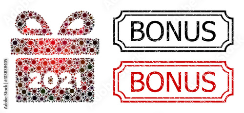 Mosaic 2021 gift constructed from covid items, and grunge Bonus rectangle seal stamps with notches. Vector viral items are arranged into abstract illustration 2021 gift icon with red - black gradient.