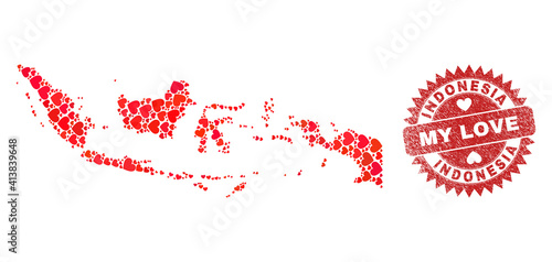 Vector mosaic Indonesia map of lovely heart items and grunge My Love seal stamp. Mosaic geographic Indonesia map constructed using lovely hearts.