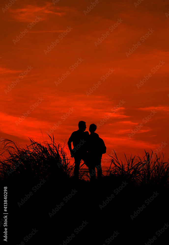 silhouette of a couple against the background of the evening sky