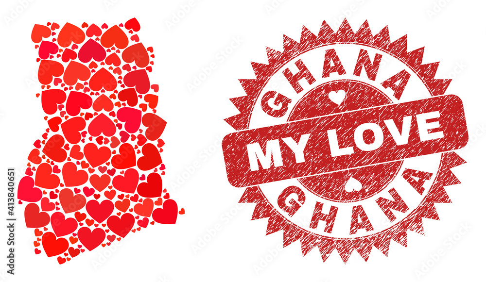Vector mosaic Ghana map of valentine heart items and grunge My Love seal stamp. Collage geographic Ghana map designed using valentine hearts. Vector mosaic Ghana map of valentine heart items and grunge My Love seal stamp. Collage geographic Ghana map designed using valentine hearts.