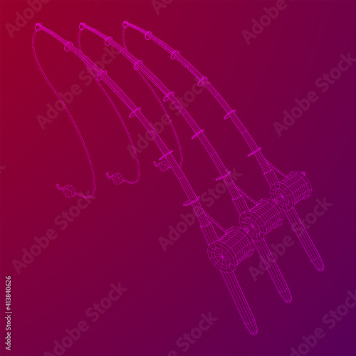 Fishing rod with line sinker and hook. Wireframe low poly mesh vector illustration.