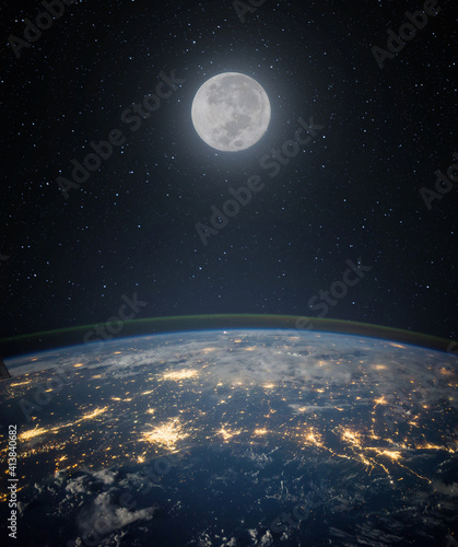 Fototapeta Naklejka Na Ścianę i Meble -  Full moon. and planet Earth against the background of the starry night sky. Space background with Earth and satellite Moon. Elements of this image furnished by NASA.