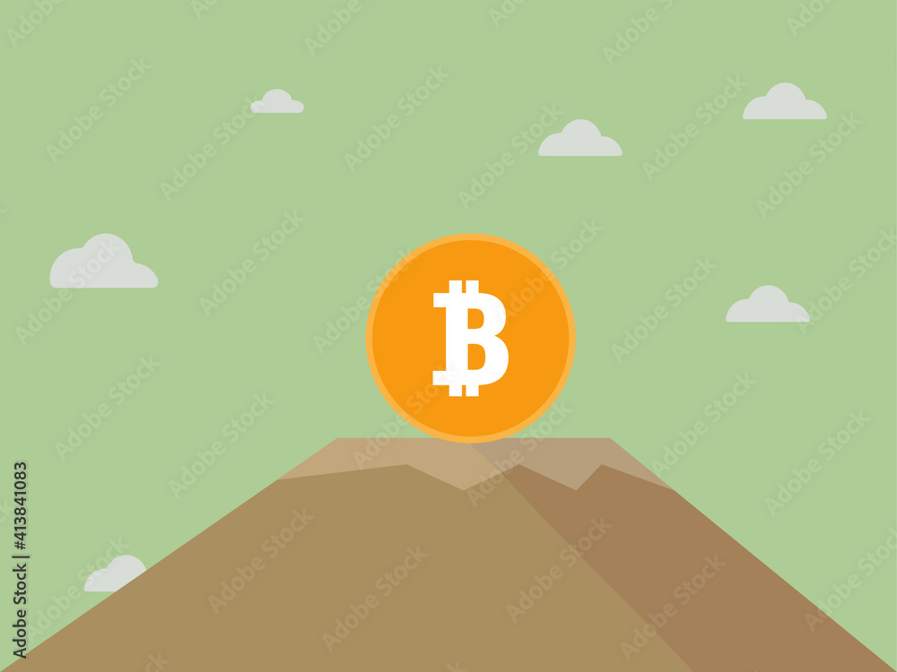 Bitcoin stands on top of the mountain and holds . Concept of Crypto currency.Vector illustration. Bitcoin stands on top of the mountain and holds . Concept of Crypto currency.Vector illustration.