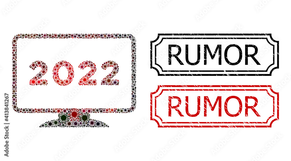 Collage 2022 display designed from covid items, and grunge Rumor rectangle seals with notches. Vector infection items are composed into abstract mosaic 2022 display icon with red - black gradient. Collage 2022 display designed from covid items, and grunge Rumor rectangle seals with notches. Vector infection items are composed into abstract mosaic 2022 display icon with red - black gradient.