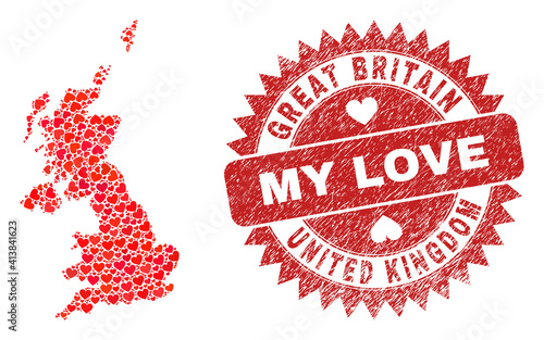 Vector collage United Kingdom map of love heart items and grunge My Love stamp. Mosaic geographic United Kingdom map designed with valentine hearts.