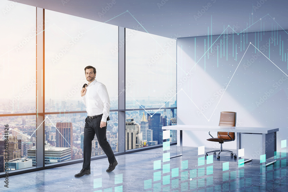 Fototapeta premium Double exposure of businessman, CEO walking at his modern panora