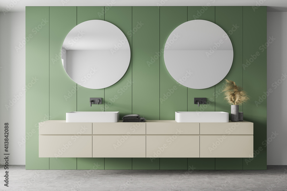 White and green bathroom with two sinks and mirrors, marble floor - obrazy, fototapety, plakaty 