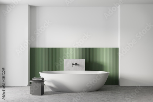 White and green bathroom with white bathtub  marble floor and white wall