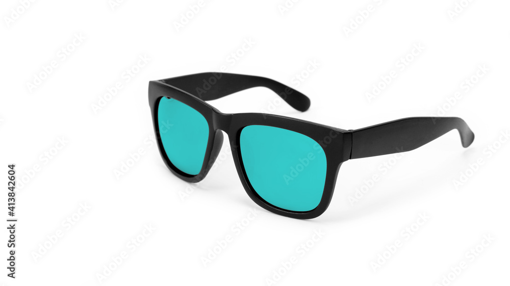 Clothes, shoes and accessories - Black modern sunglasses with turquoise lenses Clothes, shoes and accessories - Black modern sunglasses with turquoise lenses