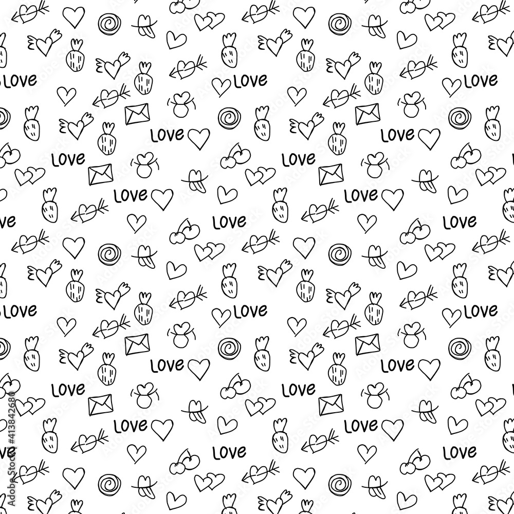 Love black and white hand drown pattern, doodle background