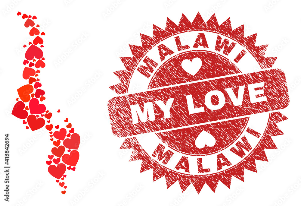 Vector collage Malawi map of love heart elements and grunge My Love stamp. Collage geographic Malawi map designed with love hearts. Red rosette stamp with corroded rubber texture and my love word. Vector collage Malawi map of love heart elements and grunge My Love stamp. Collage geographic Malawi map designed with love hearts. Red rosette stamp with corroded rubber texture and my love word.