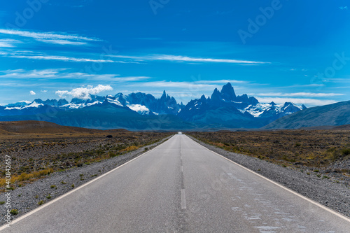 straight road leading to Mount Fitzroy in the Andes mountain range photo