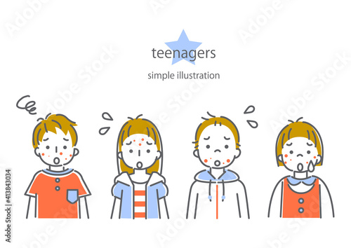 シンプルでおしゃれな線画の10代の子供たち4人の表情別イラスト素材セット　悩み　ニキビ
