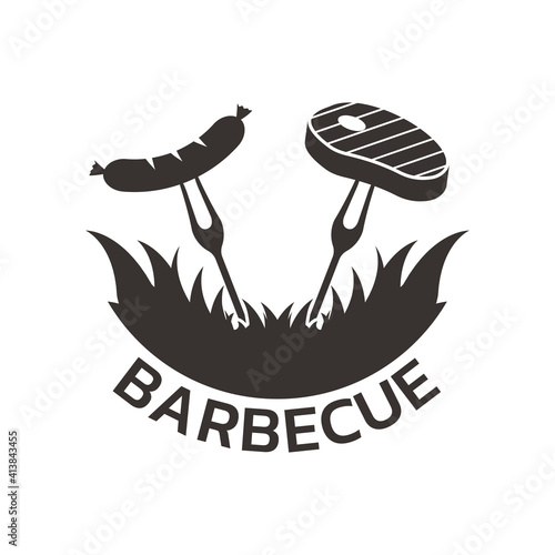 BBQ grill logo or icon. Barbecue emblem with fire, crossed forks with sausage, meat or steak. Vector illustration.