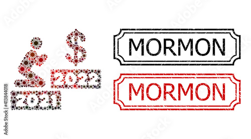 Mosaic man pray dollar 2022 organized from SARS virus icons, and grunge Mormon rectangle seal stamps with notches.