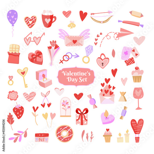 Valentine's Day set. Heart, gifts, flowers, bra, sweets. Fall in love. Template for stickers, congratulations, scrapbooking, congratulations, invitations, planners. Vector illustration