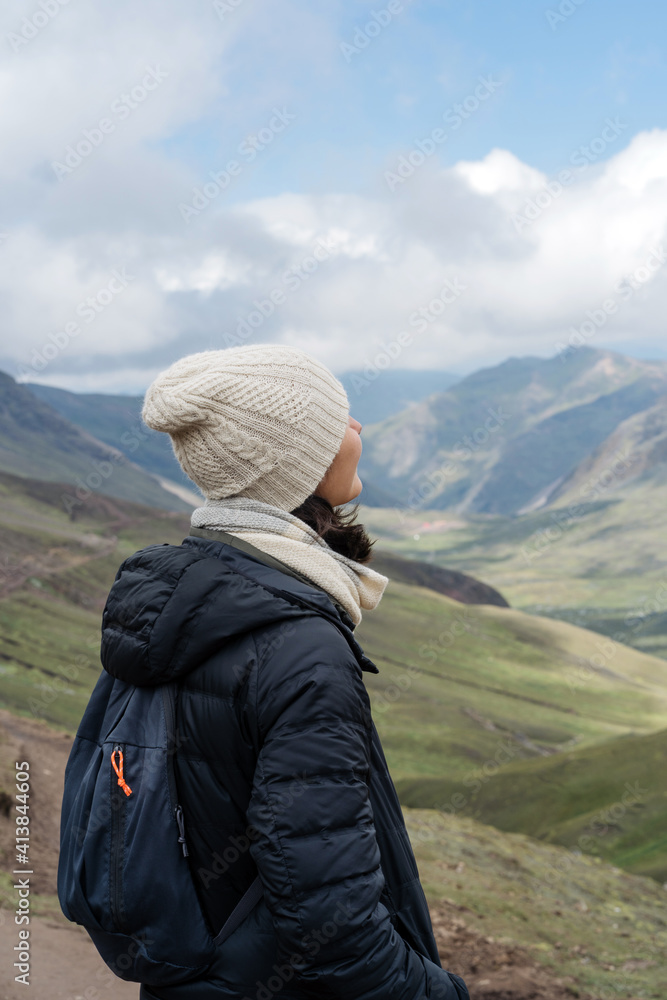 Young Hip Woman Exploring The Andes Mountains. Young Hip Woman Exploring The Andes Mountains.