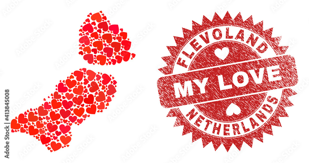 Vector collage Flevoland Province map of love heart elements and grunge My Love seal stamp. Mosaic geographic Flevoland Province map designed with love hearts. Vector collage Flevoland Province map of love heart elements and grunge My Love seal stamp. Mosaic geographic Flevoland Province map designed with love hearts.