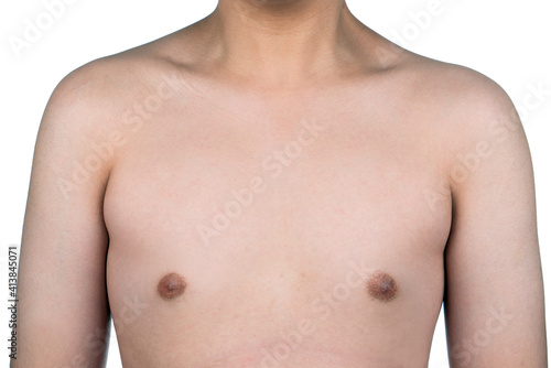 Young boy with no shirt or not wearing shirt. Portrait of shirtless young man isolated on white studio background. photo
