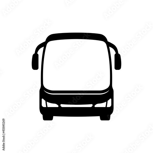 Bus icon. Tourist passenger transport. Front view. Black silhouette. Vector flat graphic illustration. The isolated object on a white background. Isolate.