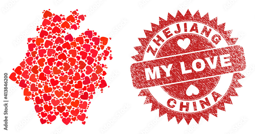 Vector collage Zhejiang Province map of valentine heart elements and grunge My Love seal stamp. Collage geographic Zhejiang Province map constructed with love hearts. Vector collage Zhejiang Province map of valentine heart elements and grunge My Love seal stamp. Collage geographic Zhejiang Province map constructed with love hearts.