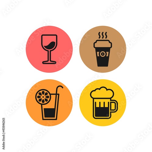 Drinks flat vector icons set. Coffee  wineglass  beer  juice flat vector icons