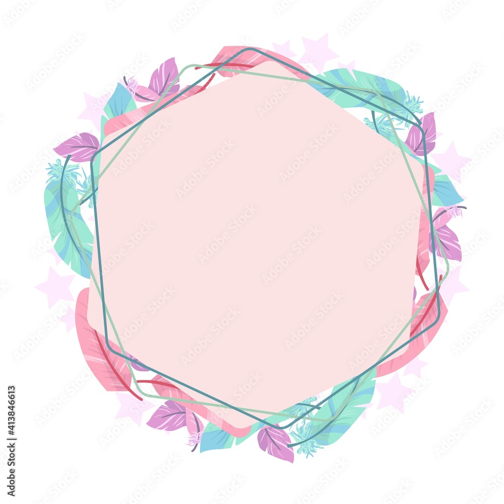 Frame made of bird feathers, beautiful keys and stars. Pattern in pastel colors. Vector illustration isolated on white background. Frame made of bird feathers, beautiful keys and stars. Pattern in pastel colors. Vector illustration isolated on white background.