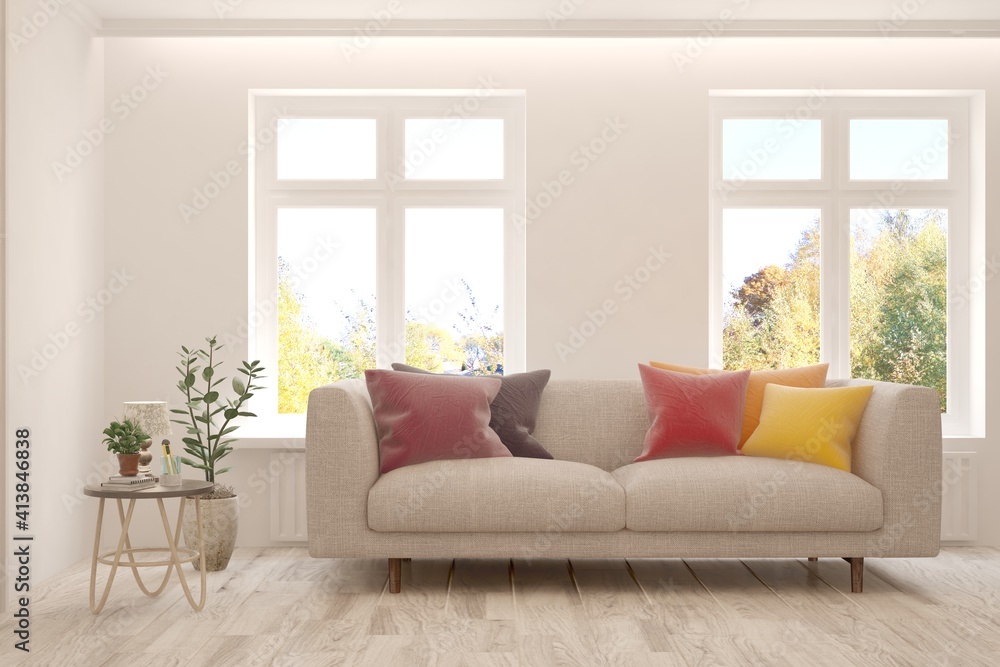 Fototapeta premium White living room with sofa. Scandinavian interior design. 3D illustration