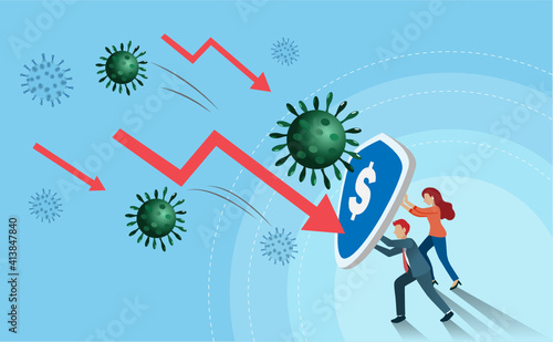 Businessman and woman using shield fighting effects from covid-19 and falling down stock exchange. Covid-19 pandemic impact critical business collapse and world economic crisis.
