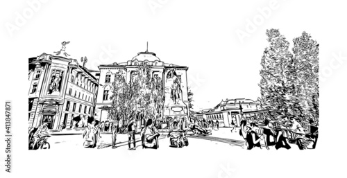 Building view with landmark of Ljubljana is the
capital of Slovenia. Hand drawn sketch illustration in vector.