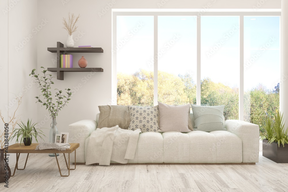 Stylish room in white color with sofa and autumn landscape in window. Scandinavian interior design. 3D illustration Stylish room in white color with sofa and autumn landscape in window. Scandinavian interior design. 3D illustration