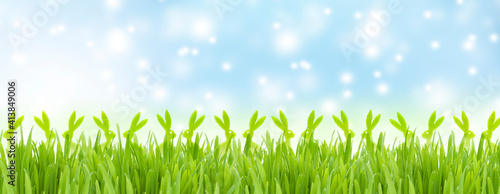 Grüne Osterhasen im Gras vor blauem Himmel