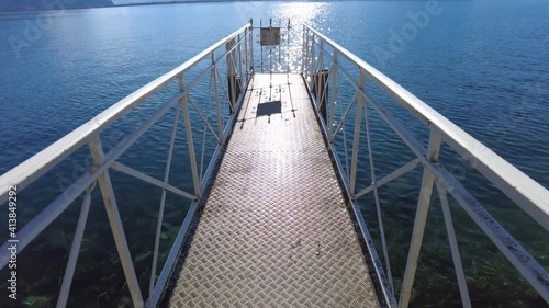 Footbridge with a breathtaking view over the mountains and lake Geneva in Montreux, Switzerland. 