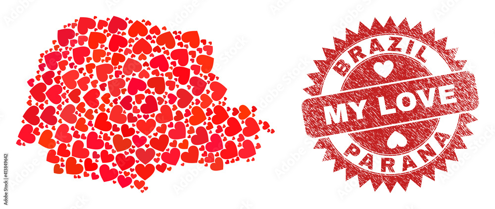 Vector mosaic Parana State map of valentine heart elements and grunge My Love badge. Mosaic geographic Parana State map created with valentine hearts. Vector mosaic Parana State map of valentine heart elements and grunge My Love badge. Mosaic geographic Parana State map created with valentine hearts.