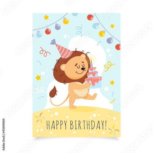 Happy Birthday card with cute lion and birthday cake. Celebration vector template.