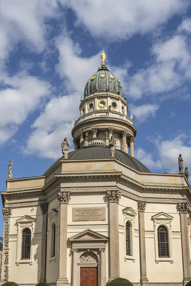 Architectural fragments of German Cathedral (New Church or Deutscher Dom, 1780–1785) at the Gendarmenmarkt. Berlin, Germany.