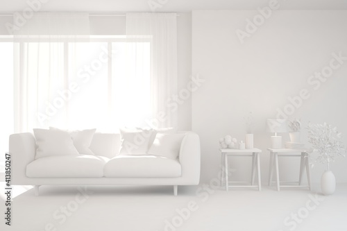 Mock up of minimalist living room in white color with sofa. Scandinavian interior design. 3D illustration