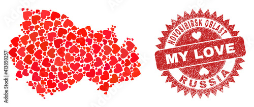 Vector collage Novosibirsk Region map of valentine heart elements and grunge My Love badge. Collage geographic Novosibirsk Region map created with valentine hearts.